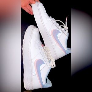 double swoosh pink, blue, and white nike air forces